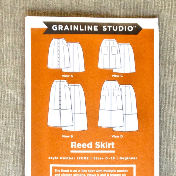 Grainline Studio™ Reed Skirt, Sewing Pattern 12002, Sizes 0-18, A-Line Button Front, Inset Or Patch Pocket, Short or Midi Length, ©2019, FF