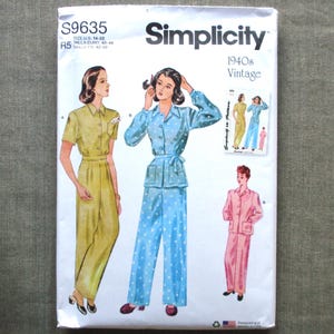 May include: Simplicity sewing pattern S9635 for 1940s vintage pajamas. The pattern features illustrations of women in various pajama styles, including a yellow jumpsuit, blue polka dot pajamas, and pink pajamas. The pattern size is US 14-22.