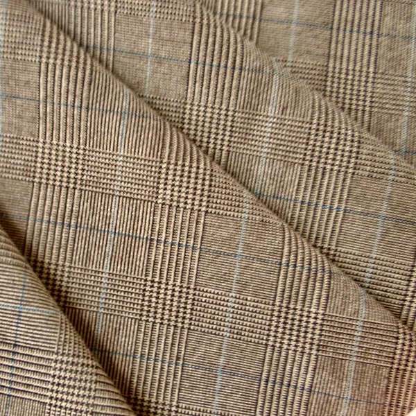 Brown & Blue Glen Plaid Fabric, Vintage 90s, Menswear Look, Lightweight Woven Poly 50" Wide x 1 Yd, Slight Stretch, Suit, Skirt, Kid Outfit