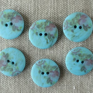 Floral Buttons Set of 6 Painted Mini Flower 5/8&quot; Round Vintage Aqua Pink Green, Smooth Flat Shirt, Top, Dress, Kid Clothing Art & Craft NEW