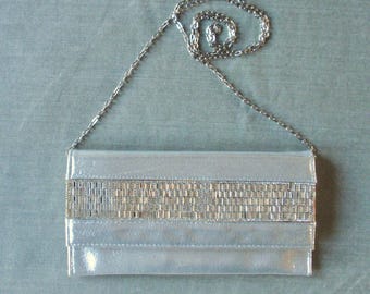 Vintage Silver Crossbody Clutch Bag: Vegan Leather, Rhinestones & Mirror Beads, New Without Tags