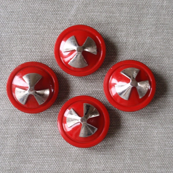 Vintage 1950s Large Red Plastic & Silver Metal Cone Buttons, Metal Backs, Set of 4, Space Age  Radioactivity Logo, Womens Coat, Jacket, Cape