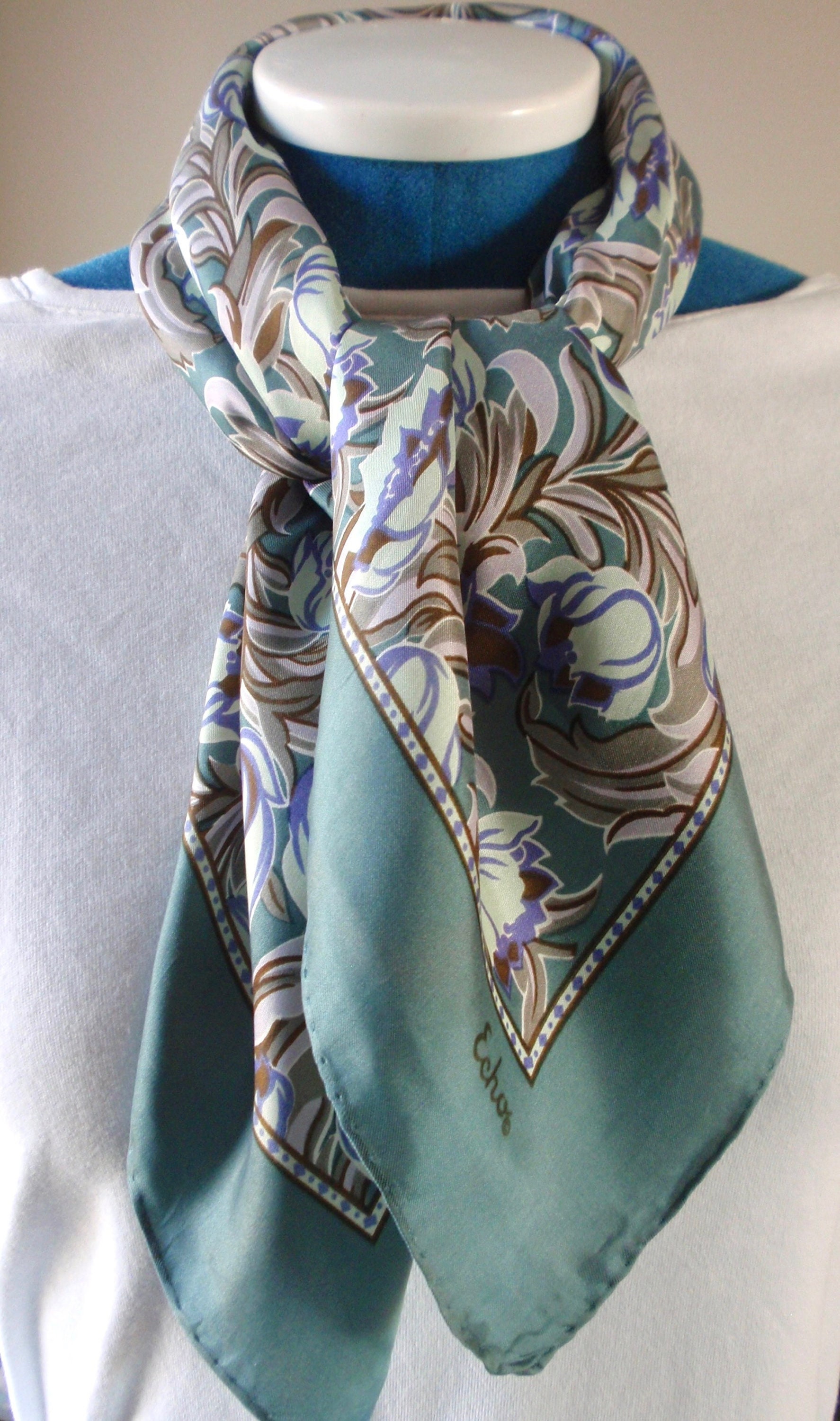 70s Echo Silk Scarf With Floral Motif Teal Gray Periwinkle