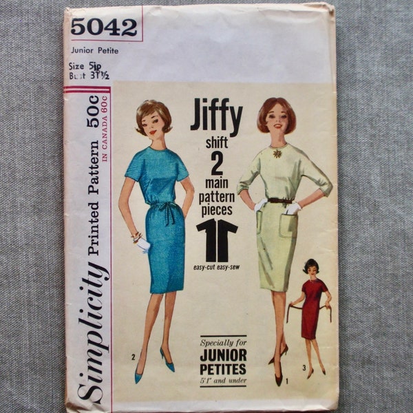 1963 Easy Jiffy Simplicity 5042 pattern Size 5 (Junior Petite) Belted Sheath Dress, Sleeve & Pocket Options, Party, Career, Wedding, Uncut.