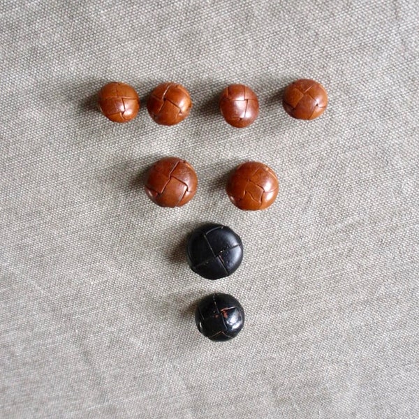 Vintage 60s Leather Buttons, Partial Matched Set of 8, Warm Caramel Brown & Black, Sizes 3/4" to 7/8", Blazer, Vest, Coat, Sweater, Home Dec