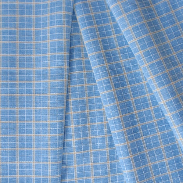 1 3/8 Yds Vintage 80s Cotton Plaid, Woven Blue & Yellow Mini Plaid, 45" Wide, Shirt, Top, Dress, Skirt, Career, Casual, Curtain, Quilt, Doll