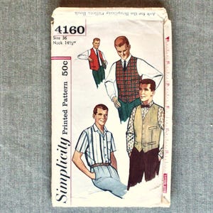 May include: Vintage Simplicity printed pattern 4160, size 36, neck 14 1/2 inches. The cover features illustrations of men's vests and shirts. The pattern is marked 50c. The cover is slightly worn.