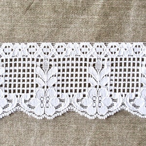 May include: White lace trim with a delicate floral pattern and a grid design. The lace is on a brown fabric background.