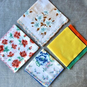 60s Hankies Floral and Modern Art Prints, Group of 4: Blue, Orange & White Roses, Geometric Print. Cotton Handkerchiefs. Used and Unused.