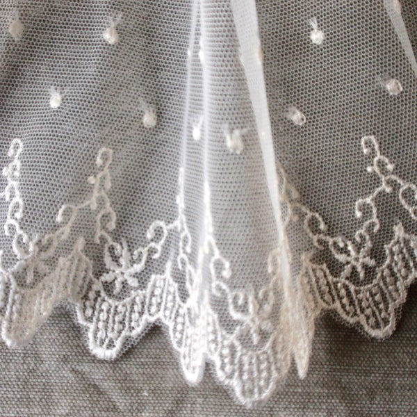 Cream Embroidered Floral Net Lace, Scalloped Edge, 4 3/4" Wide, Bridal, Wedding, Prom, Shrug, Collars & Cuffs, Headband, Flower Girl Dress