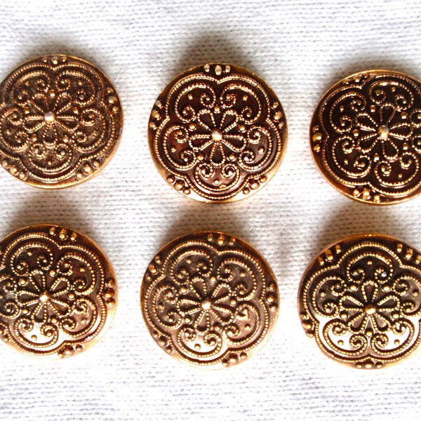 Set of 2 Sizes Vintage 70s Metal Buttons, Brass Finish, Raised Floral Design, 7/8" (6 Total) AND 11/16" (5 Total), Clothing, Handbag, Craft