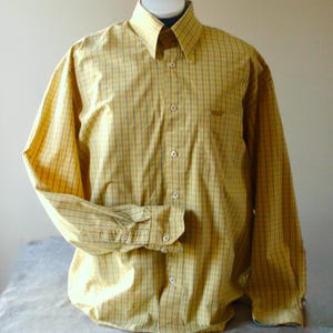 Yellow Plaid Men&#39;s Shirt Size M Urgent Gear® Button Down 100% Cotton Yellow Gray & Teal Mini Plaid One Pocket Long Sleeve NEW with TAG