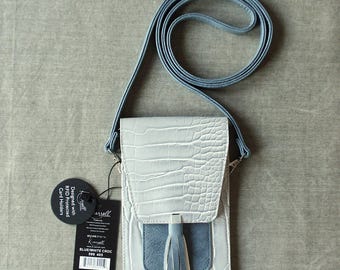 Small Crossbody Bag: Discontinued 2-Tone Denim & Light Blue-Gray Vegan Croc with Card Slots, 2 Pockets and Tassle, New Old Stock With Tags