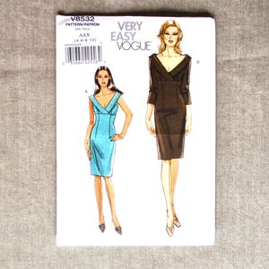 May include: A Very Easy Vogue sewing pattern, V8532, featuring illustrations of two different dress designs. The pattern includes sizes AAX (4-6-8-10). The cover is white with black text and illustrations of women wearing the dresses.
