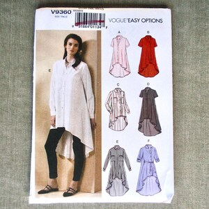 May include: Vogue Easy Options sewing pattern V9360. The pattern features a woman wearing a white tunic and black pants. The pattern includes several shirt and tunic designs with high-low hemlines.