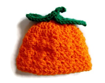 Newborn Crocheted Pumpkin Hat, Halloween Baby Hat, Orange and Green Beanie, Newborn Photo Prop, Baby Shower Gift