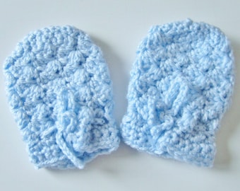 Crocheted baby mittens, size 0-3 month, pink with white ties or blue