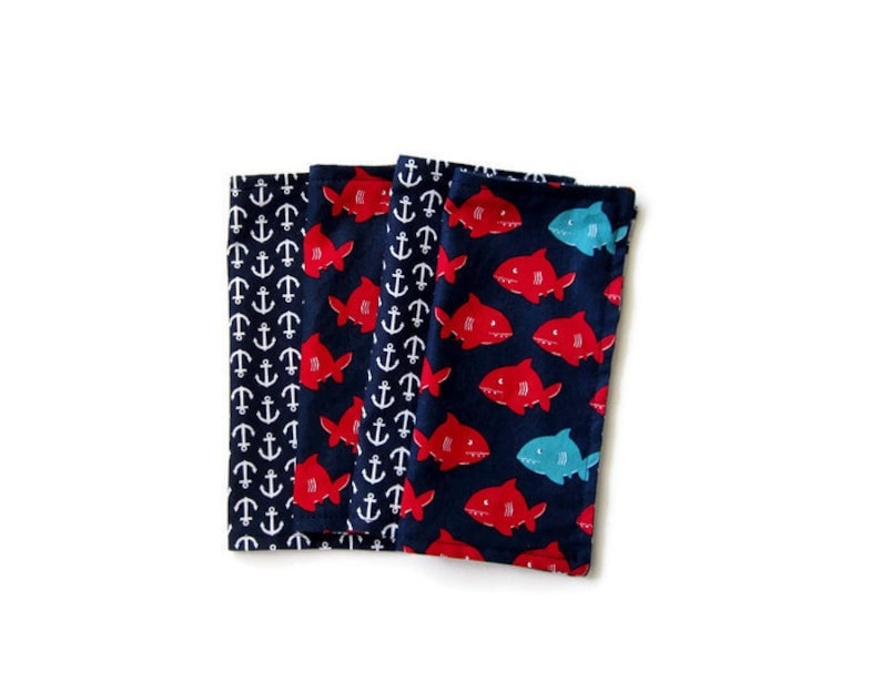 Navy and Red Reversible and Washable Lunchbox Napkins with Sharks and Anchors 8X8 Cloth Napkins Set of 4