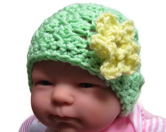 Newborn Crocheted Hat, Baby Hat with Flower, Photo Prop, Green Baby Beanie, Hospital Hat, Baby Shower Gift, Green and Yellow, Embellished