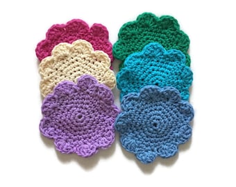 Set of 6 Different Color Assorted Crocheted Coasters, Cotton Washable Mat for Drinking Glass