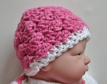 Baby Beanie Crocheted, Girl Hat, Size Newborn, Pink, Photo Prop, Baby Shower Gift, Hospital Hat