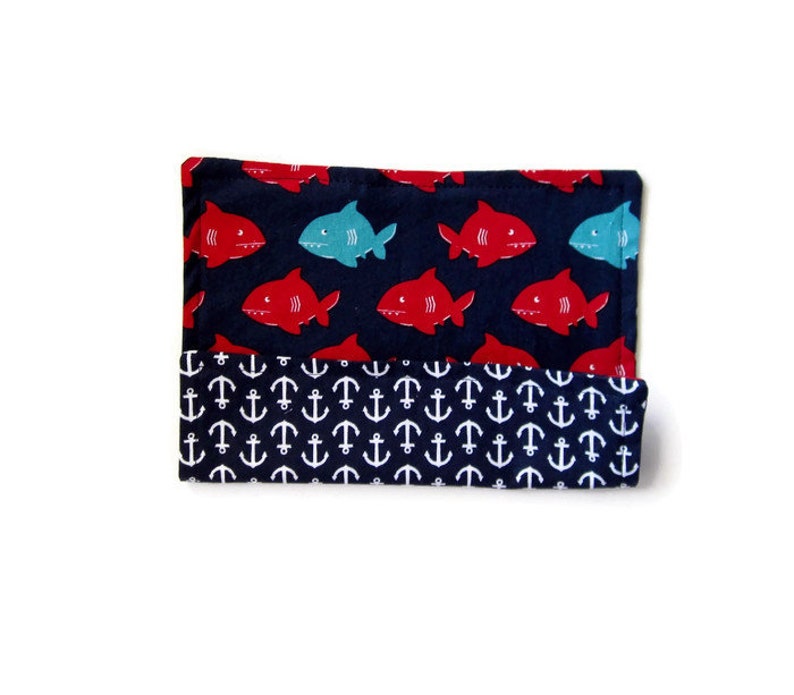 Navy and Red Reversible and Washable Lunchbox Napkins with Sharks and Anchors 8X8 Cloth Napkins Set of 4