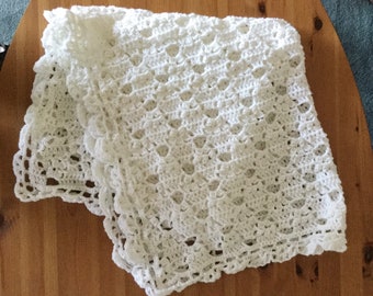 Crocheted White Baby Blanket, Unisex, Gender Neutral Christening Blanket, Baby Shower Gift