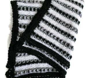 Crocheted Throw Blanket, Black Grey and White Lap Afghan