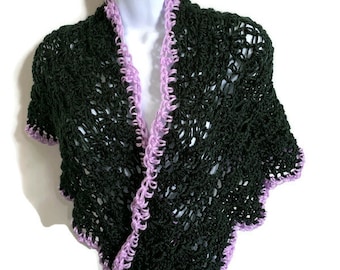 Crocheted Black Shawl with Purple Border