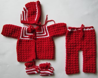 0-3 Month Christmas Outfit, Crocheted Sweater Set, Red and White, Coming Home Outfit, Unisex Baby Clothes, Gender Neutral, Red Layette