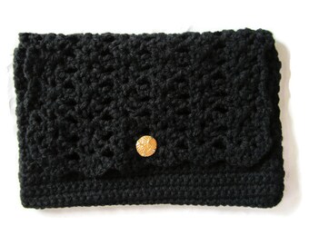 Monedero de embrague croché negro, bolso negro, bolsillo