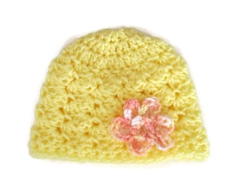 Newborn Baby Hat, Crocheted Hat with Flower, Photo Prop, Shell Stitch Baby Hat,Hospital Hat, Baby Shower Gift, Yellow and Peach, Embellished