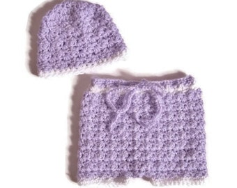 Newborn Shorts and Hat Set, Crocheted Diaper Cover, Girl Baby Shorts, Purple Baby Pants, Photo Prop