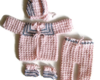 Crocheted Newborn Coming Home Outfit for Girls, Pink and Grey Baby Sweater Set, Layette