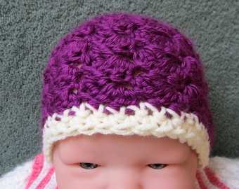 Baby Hat Crocheted, Girl,Newborn, Purple Beanie, Hospital Hat
