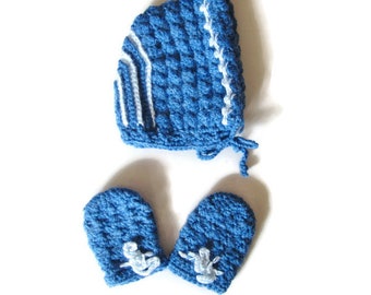 3-6 Month Baby Hat and Mittens for Boy, Crocheted Bonnet and Mitts, Baby Shower Gift