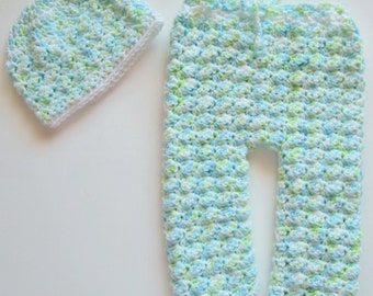 Crocheted Newborn Pants and Hat Set, Green and Blue