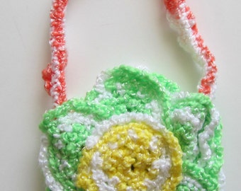 Little Girl's Crocheted Purse, Children's Green Girl Purse, Small Purse, Floral Purse