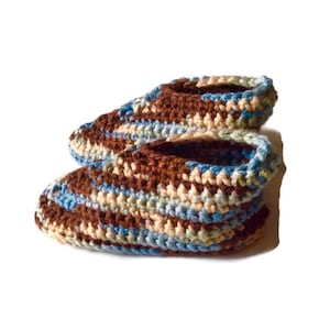 Youth Size 3 Crocheted Children&#39;s Slippers, Blue and Brown