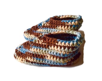 Youth Size 3 Crocheted Children's Slippers, Blue and Brown