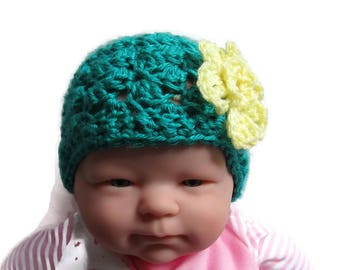 Newborn Baby Hat, Crocheted Hat with Flower, Photo Prop, Green Baby Beanie, Hospital Hat, Baby Shower Gift, Green and Yellow, Embellished