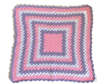 Small Pink and Purple Crocheted Granny Square Blanket for Girl, Baby Afghan, Baby Shower Gift