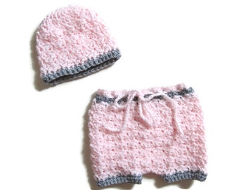 Newborn Shorts and Hat Set, Crocheted Diaper Cover, Girl Baby Shorts,Pink and Grey, Baby Pants, Photo Prop, Baby Shower Gift