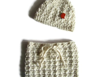 Newborn Crocheted Diaper Cover and Hat Set,Baby Shorts, Baby Hat, Beige Baby Pants, Photo Prop, Gender Neutral, Unisex, Baby Shower Gift