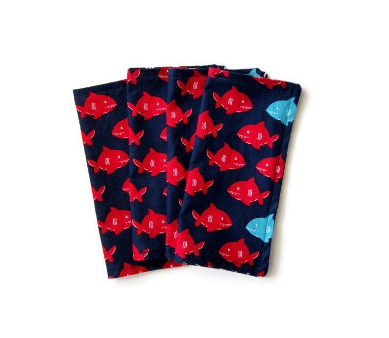 Navy and Red Reversible and Washable Lunchbox Napkins with Sharks and Anchors 8X8 Cloth Napkins Set of 4