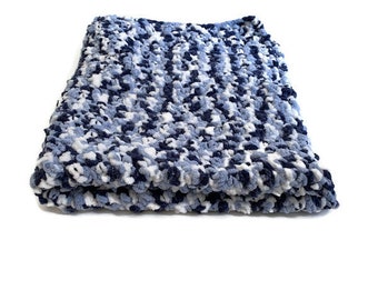 Crocheted Thick and Plush Blue and White Baby Blanket