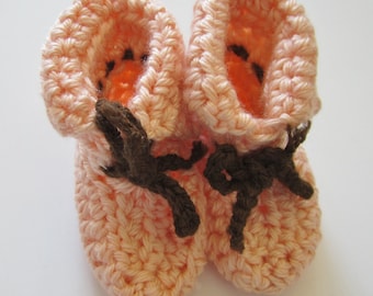 Crocheted Booties, 0 to 3 Month , Baby Shower Gift, Peach and Brown, Girl