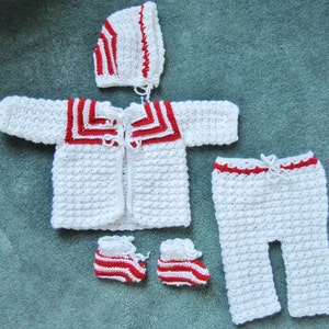 Crocheted Newborn Christmas Outfit, Coming Home Outfit, White and Red