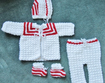 Crocheted Newborn Christmas Outfit, Coming Home Outfit, White and Red