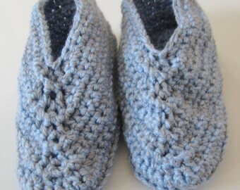 Crocheted Children's Slippers, Youth Size 1, Blue and Grey, Bedroom Slippers, House Shoes, Kid's Slippers